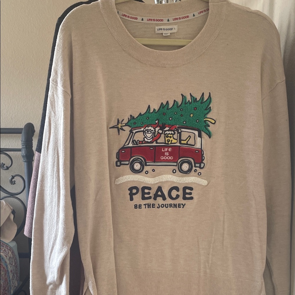 Life Is Good Tan Sweater with Red Car and Green Tree Graphic